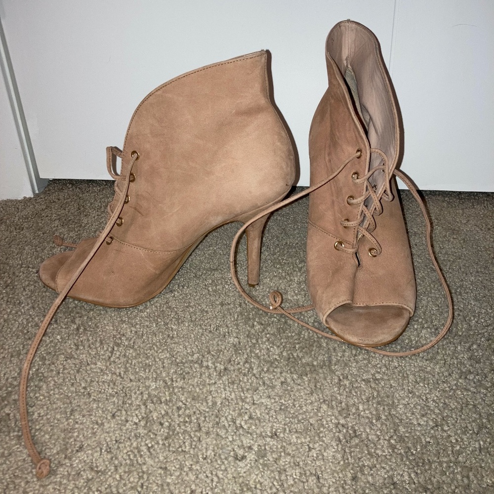 Tan suede lace up bootie with heel